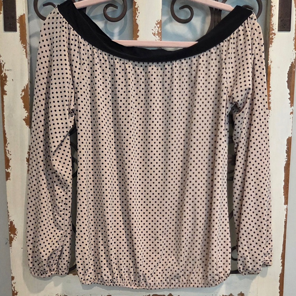 Vintage Lipstick Polka Dot Off Shoulder Top Y2K Tan Black Long Sleeve Large